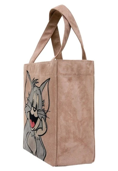 Women Vegan Cream Large Tote Bag - Warner Bros Smiles and Whiskers Design - 