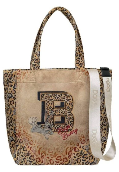 Women Vegan Cream Leopard Large Tote Bag - Warner Bros Looney Tunes Leopard Bugs Bunny Design - 