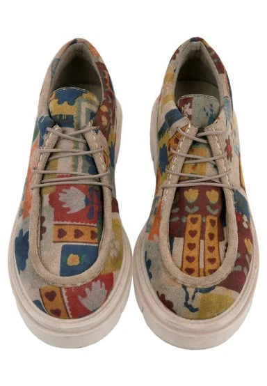 Women Vegan Cream Loafers - Anatolian Patterns Design - 