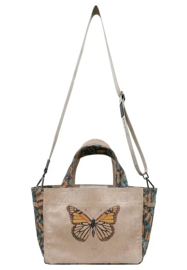 Women Vegan Cream Medium Tote Bag - Moths and Butterflies Design - 