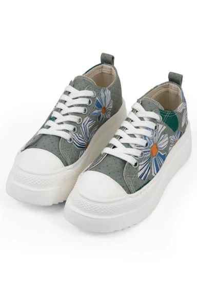 Women Vegan Grey Platform Sneakers - Origami Bloom Design - 