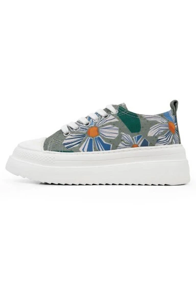 Women Vegan Grey Platform Sneakers - Origami Bloom Design - 