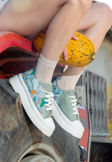 Women Vegan Grey Platform Sneakers - Origami Bloom Design - 