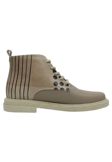 Women Vegan Leather Beige Ankle Boots - Dots and Cats Design - 