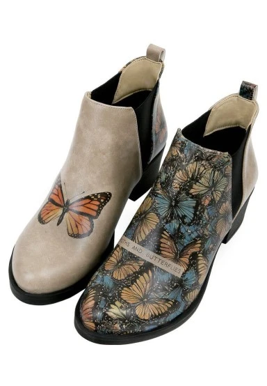 Women Vegan Leather Beige Ankle Boots - Moths and Butterflies Design - 