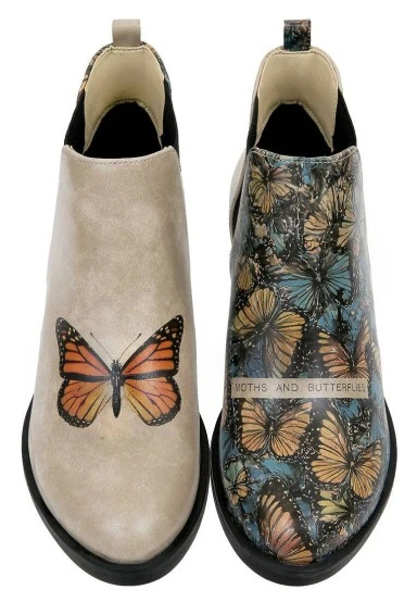Women Vegan Leather Beige Ankle Boots - Moths and Butterflies Design - 