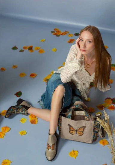 Women Vegan Leather Beige Ankle Boots - Moths and Butterflies Design - 