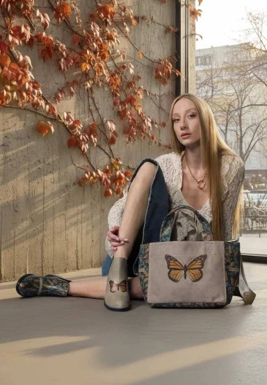 Women Vegan Leather Beige Ankle Boots - Moths and Butterflies Design - 