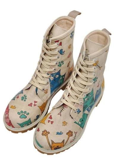 Women Vegan Leather Beige Long Boots - Cat Lovers Design - 