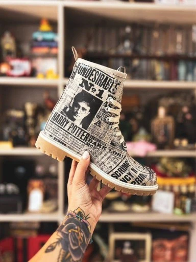 Women Vegan Leather Beige Long Boots - Warner Bros Daily Prophet Harry Potter Design - 