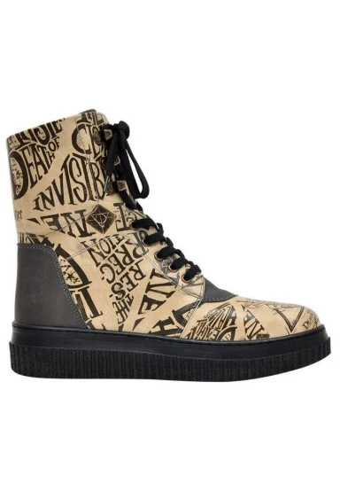 Women Vegan Leather Beige Long Boots - Warner Bros Deathly Hallows Harry Potter Design - 