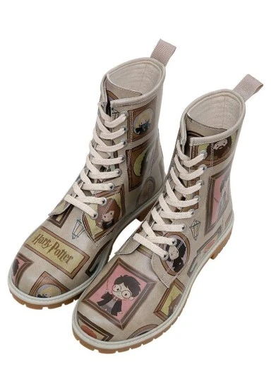 Women Vegan Leather Beige Long Boots - Warner Bros Frames-of-Hogwarts Design - 