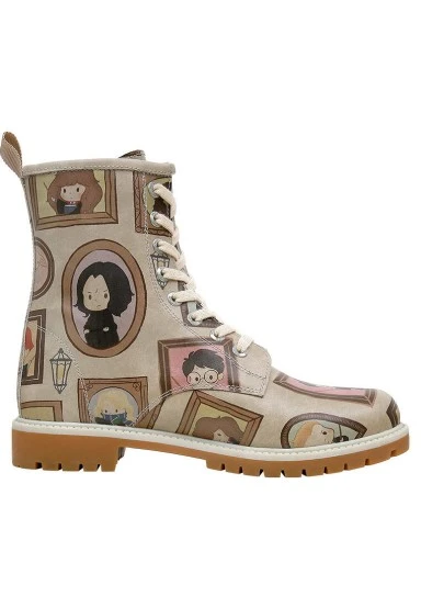 Women Vegan Leather Beige Long Boots - Warner Bros Frames-of-Hogwarts Design - 