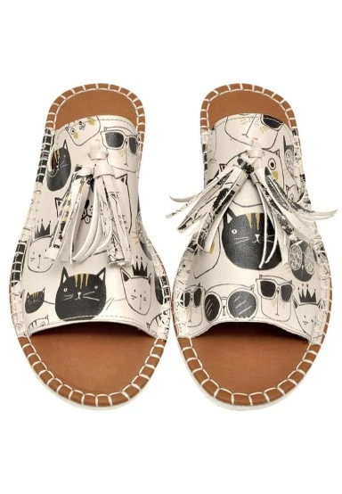 Women Vegan Leather Beige Slippers - Monochrome Cats Design - 