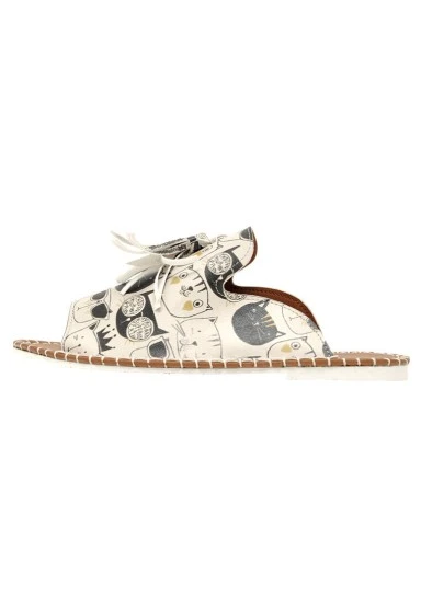 Women Vegan Leather Beige Slippers - Monochrome Cats Design - 