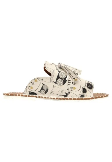 Women Vegan Leather Beige Slippers - Monochrome Cats Design - 