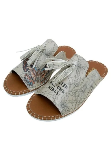 Women Vegan Leather Beige Slippers - Fly with Your Own Wings Design - 