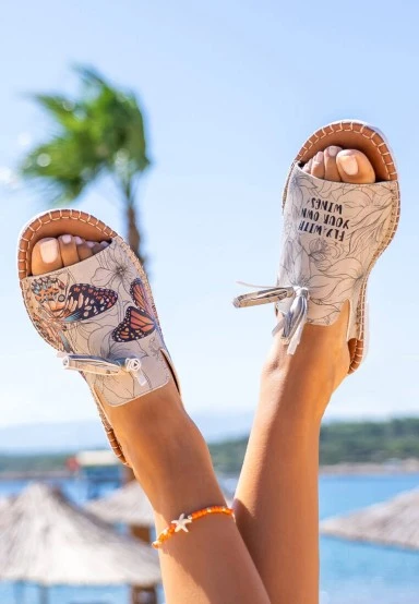 Women Vegan Leather Beige Slippers - Fly with Your Own Wings Design - 