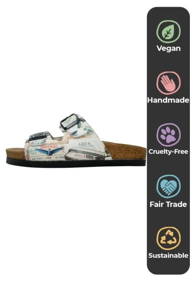 Women Vegan Leather Beige Slippers - Aeroplanes Design - 