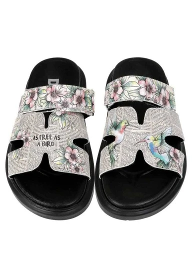 Women Vegan Leather Beige Slippers - As Free As a Bird Design - 