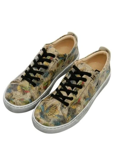 Women Vegan Leather Beige Sneakers - Watercolor Toucan Design - 