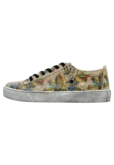 Women Vegan Leather Beige Sneakers - Watercolor Toucan Design - 