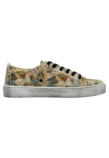 Women Vegan Leather Beige Sneakers - Watercolor Toucan Design - 