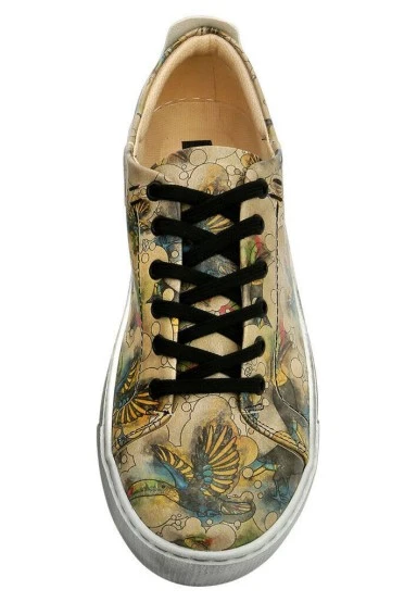 Women Vegan Leather Beige Sneakers - Watercolor Toucan Design - 
