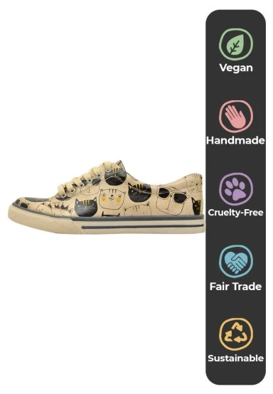 Women Vegan Leather Beige Sneakers - Monochrome Cats Design - 