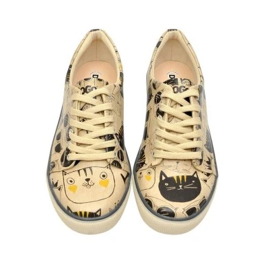 Women Vegan Leather Beige Sneakers - Monochrome Cats Design - 