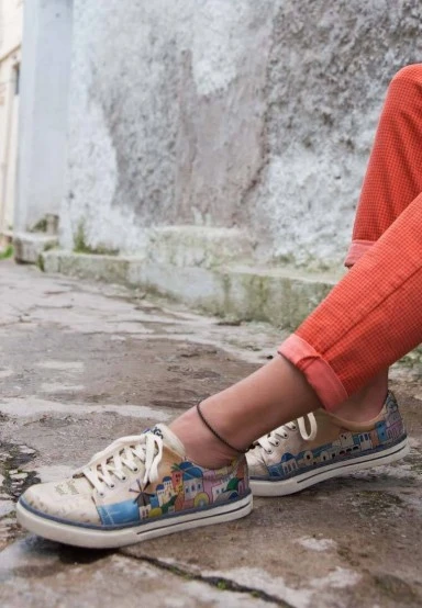 Women Vegan Leather Beige Sneakers - Stunning Sunset Design - 