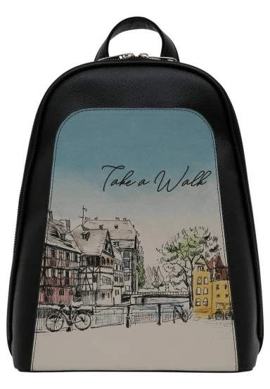 Women Vegan Leather Black Backpack - Take a Walk Design - 