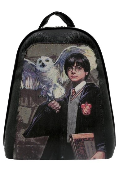 Women Vegan Leather Black Backpack - Warner Bros Harry And Hedwig Harry Potter Design - 