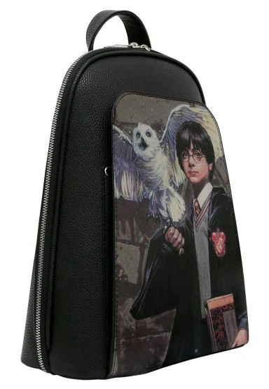 Women Vegan Leather Black Backpack - Warner Bros Harry And Hedwig Harry Potter Design - 