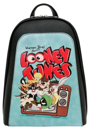 Women Vegan Leather Black Backpack - Warner Bros Looney Tunes The Toon Parade Design - 