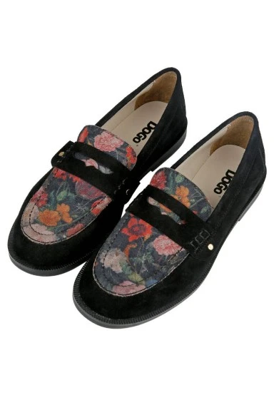 Women Vegan Leather Black Loafers - Black Floral Design - 
