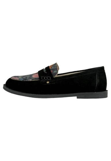 Women Vegan Leather Black Loafers - Black Floral Design - 