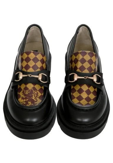 Women Vegan Leather Black Loafers - Warner Bros Harry Potter House of Gryffindor Design - 