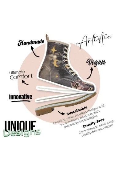 Women Vegan Leather Black Long Boots - Owls Family Design - 