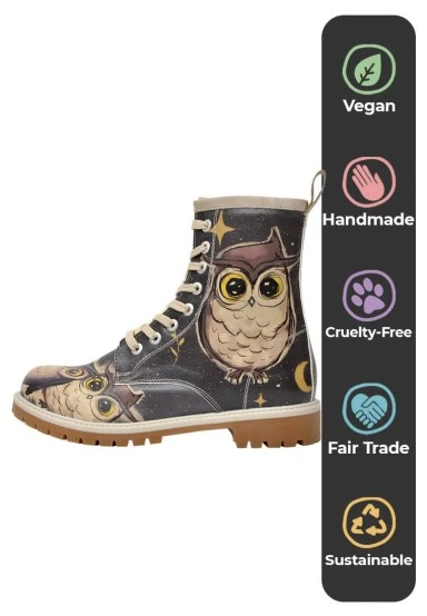 Women Vegan Leather Black Long Boots - Owls Family Design - 