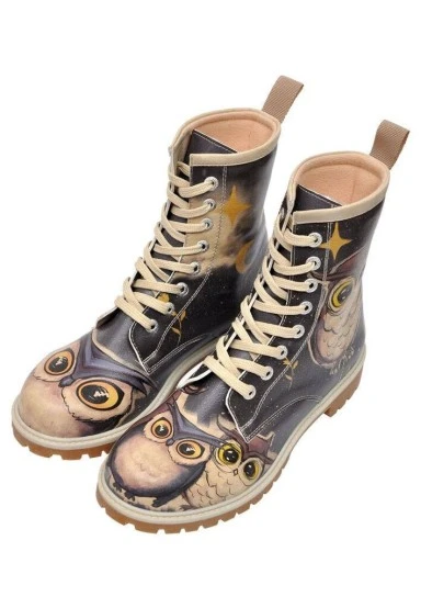 Women Vegan Leather Black Long Boots - Owls Family Design - 