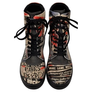 Women Vegan Leather Black Long Boots - British Punk Design - 