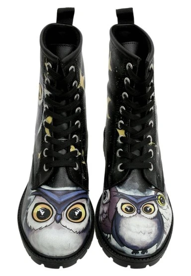 Women Vegan Leather Black Long Boots - Owls Family Design - 