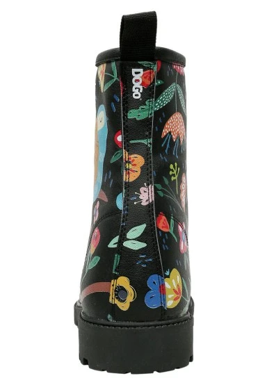 Women Vegan Leather Black Long Boots - Flowers & Birds Design - 