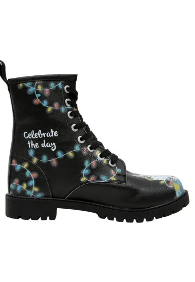 Women Vegan Leather Black Long Boots - Celebrate the Day Design - 
