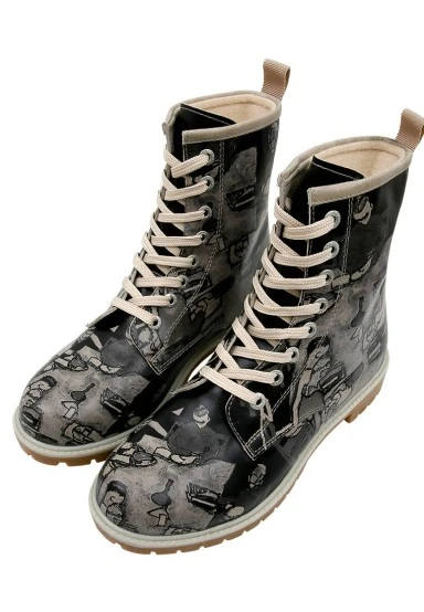 Women Vegan Leather Black Long Boots - Supper BlackWhite Design - 