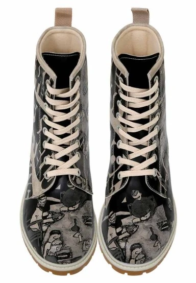 Women Vegan Leather Black Long Boots - Supper BlackWhite Design - 