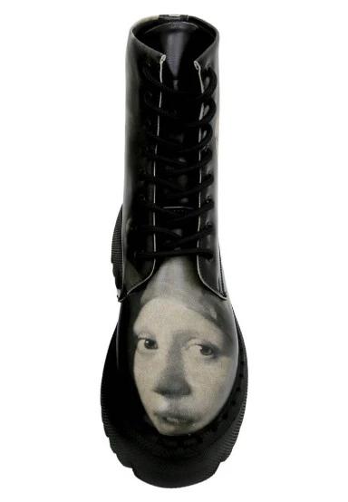 Women Vegan Leather Black Long Boots - Girl With a Pearl Earring Design - 
