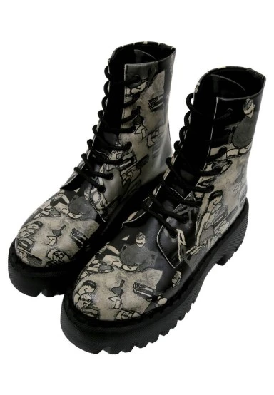 Women Vegan Leather Black Long Boots - Supper Black White Design - 