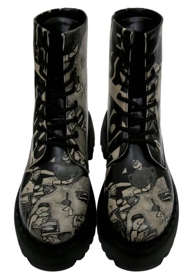 Women Vegan Leather Black Long Boots - Supper Black White Design - 